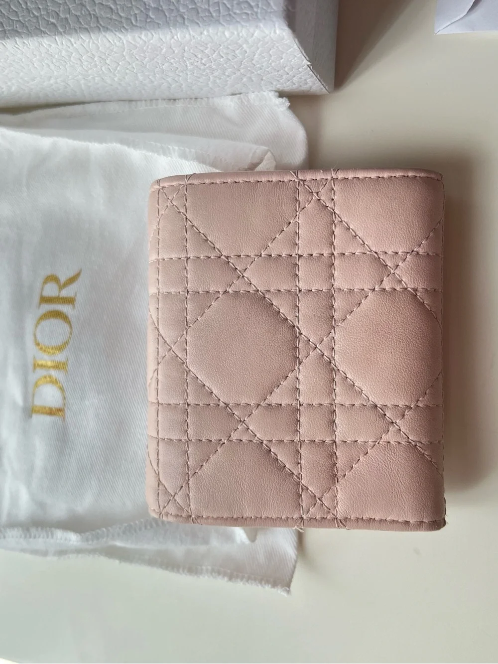 Dior Light Pink Quilted Leather Card Wallet with Gold Hardware